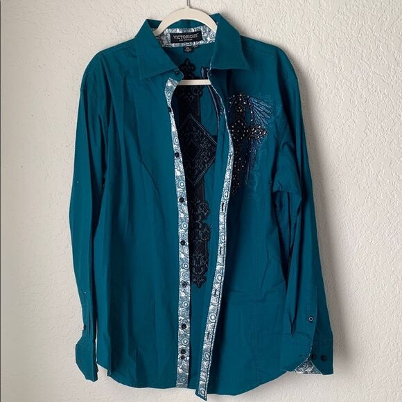Victorious Teal Blue Long Sleeve Shirt with Embellishments Crosses Shirt Size XL - Picture 7 of 8